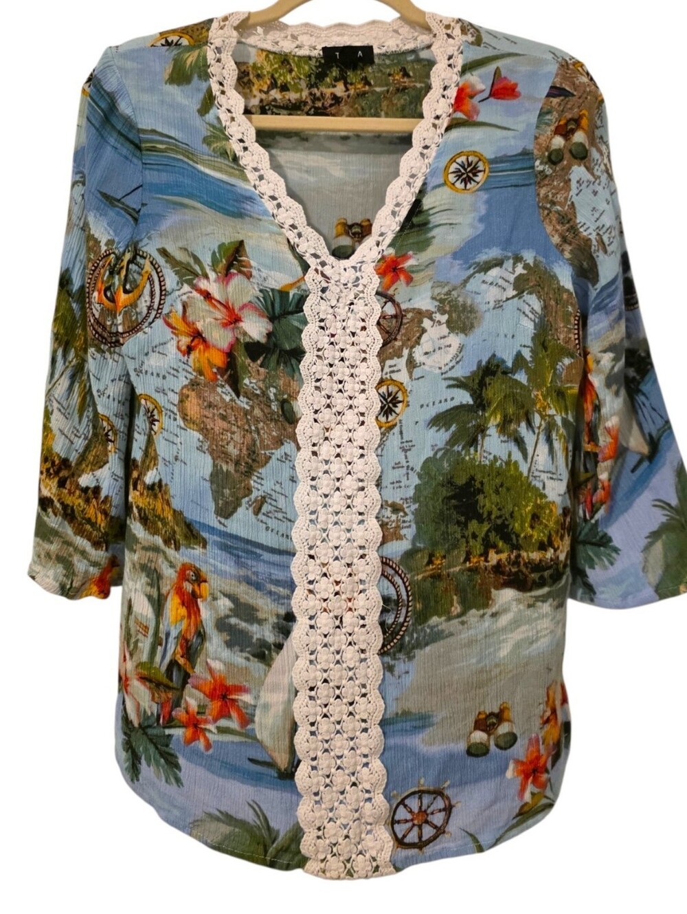 Tacera Women’s Blue Tropical Nautical Print Crochet-Trim Blouse Small